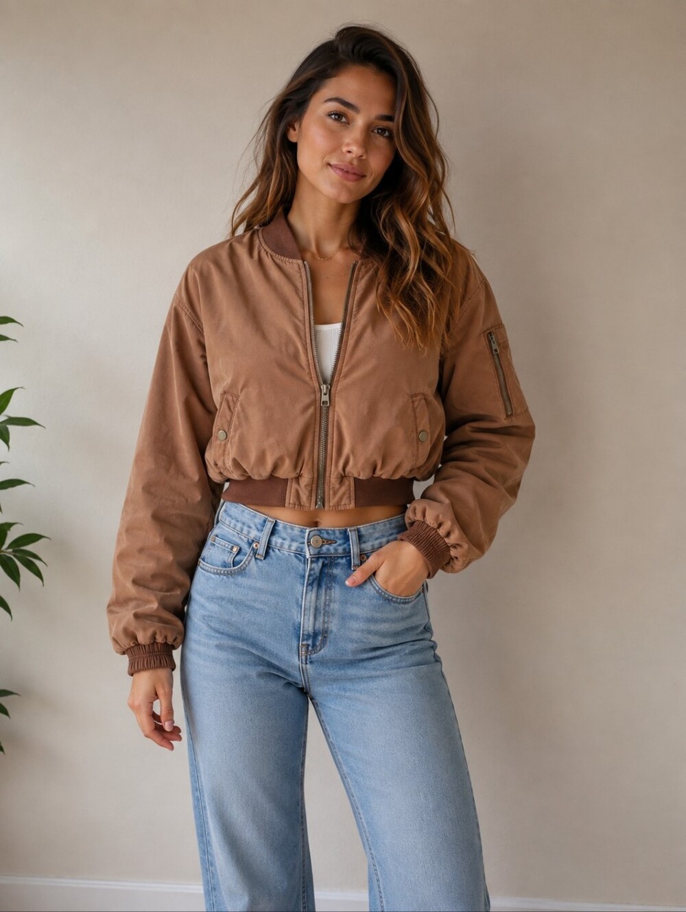 Elan Brown Cropped Bomber Jacket